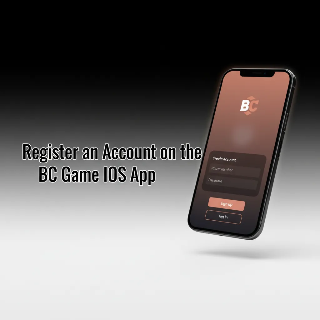 iPhone showing BC Game iOS app sign-up screen with email, phone, or social options, fields for info, password and age consent